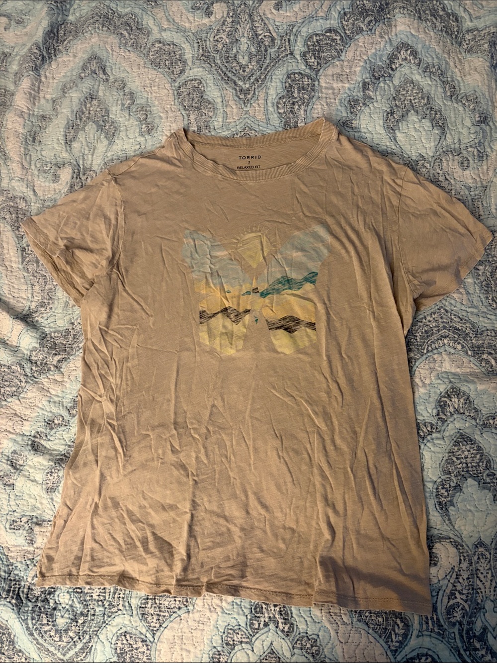 torrid Beige Graphic Crewneck Tee with Pastel Landscape